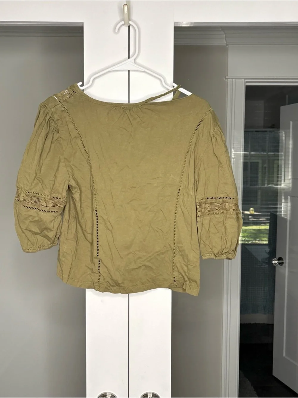 J. Crew Lace-trim Puff-sleeve Shirt Broken-in Jersey Tuscan Olive